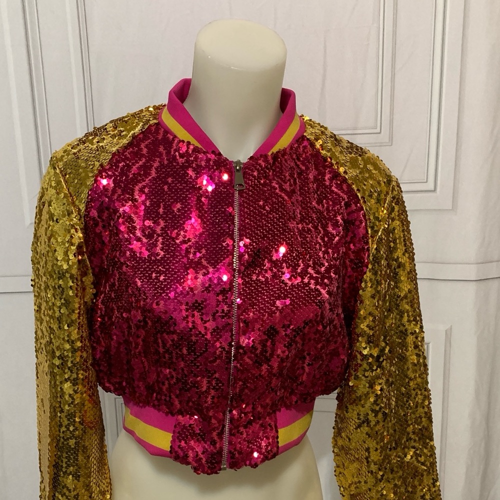 Pink and Gold Sequin varsity cropped jacket